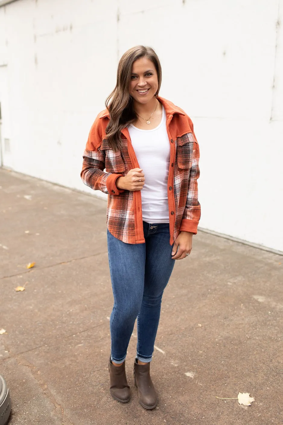 Dk Orange Brown Plaid Fleece & Flannel Shacket (SM-XL)