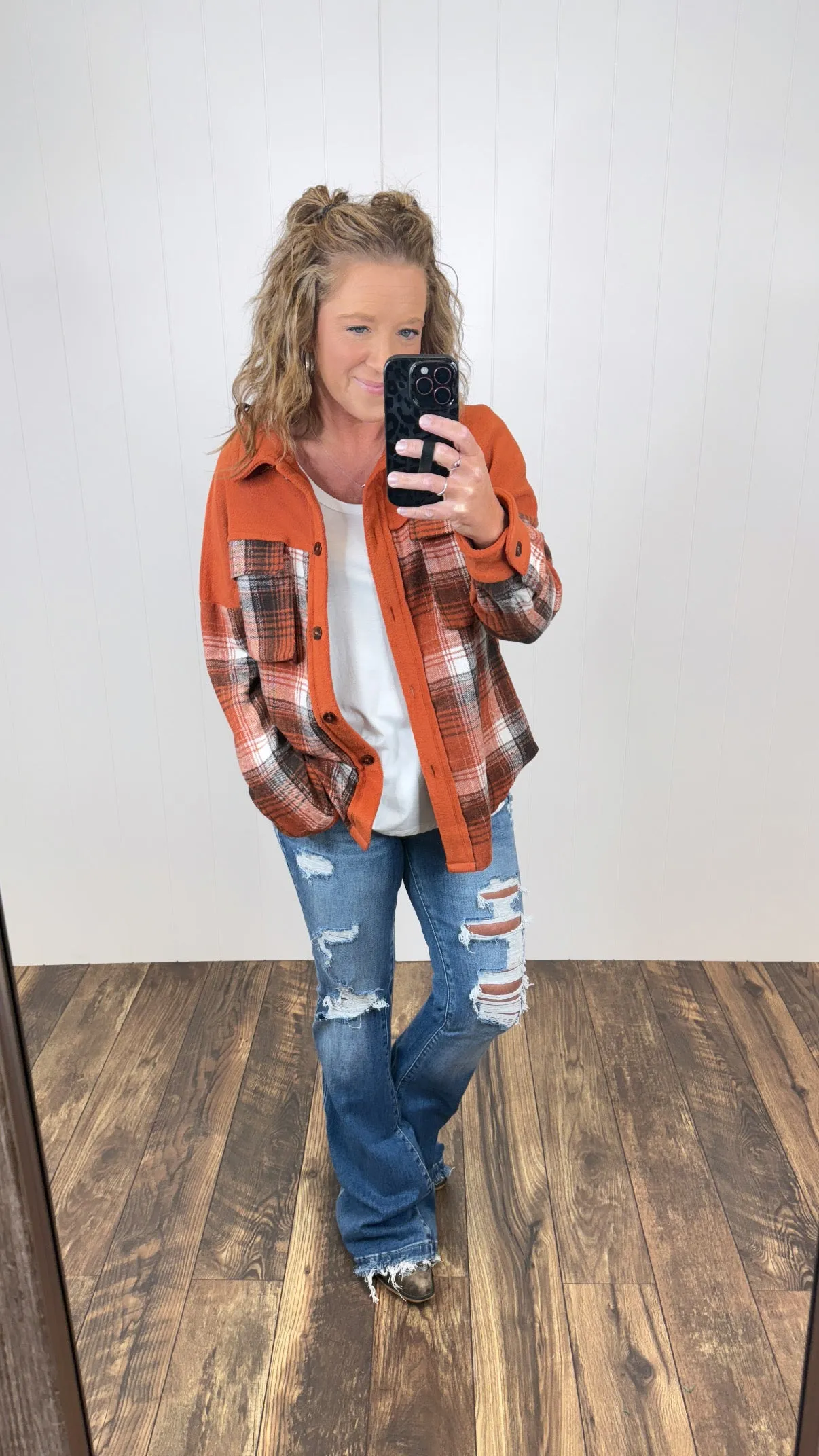 Dk Orange Brown Plaid Fleece & Flannel Shacket (SM-XL)