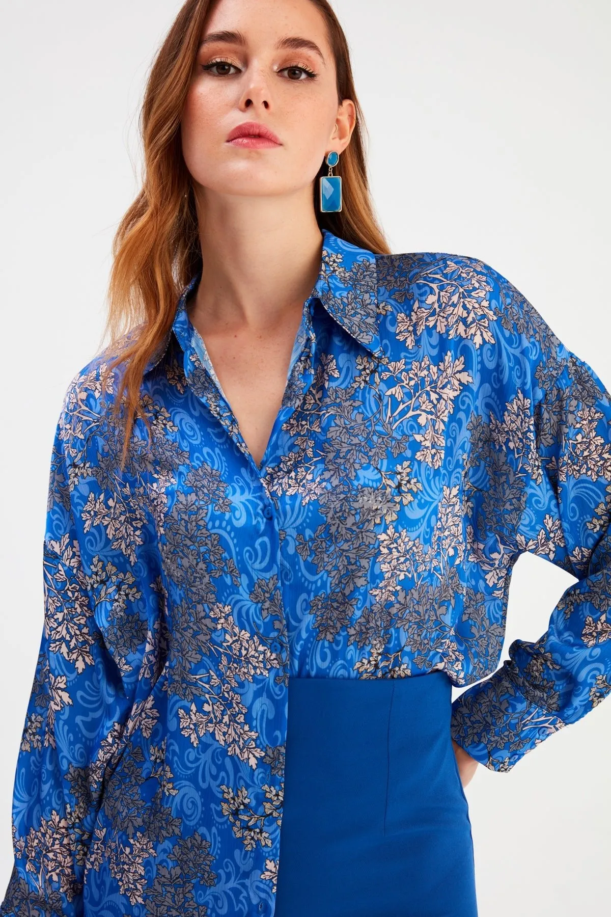 Dolman Sleeve Patterned Shirt - Azure Blue