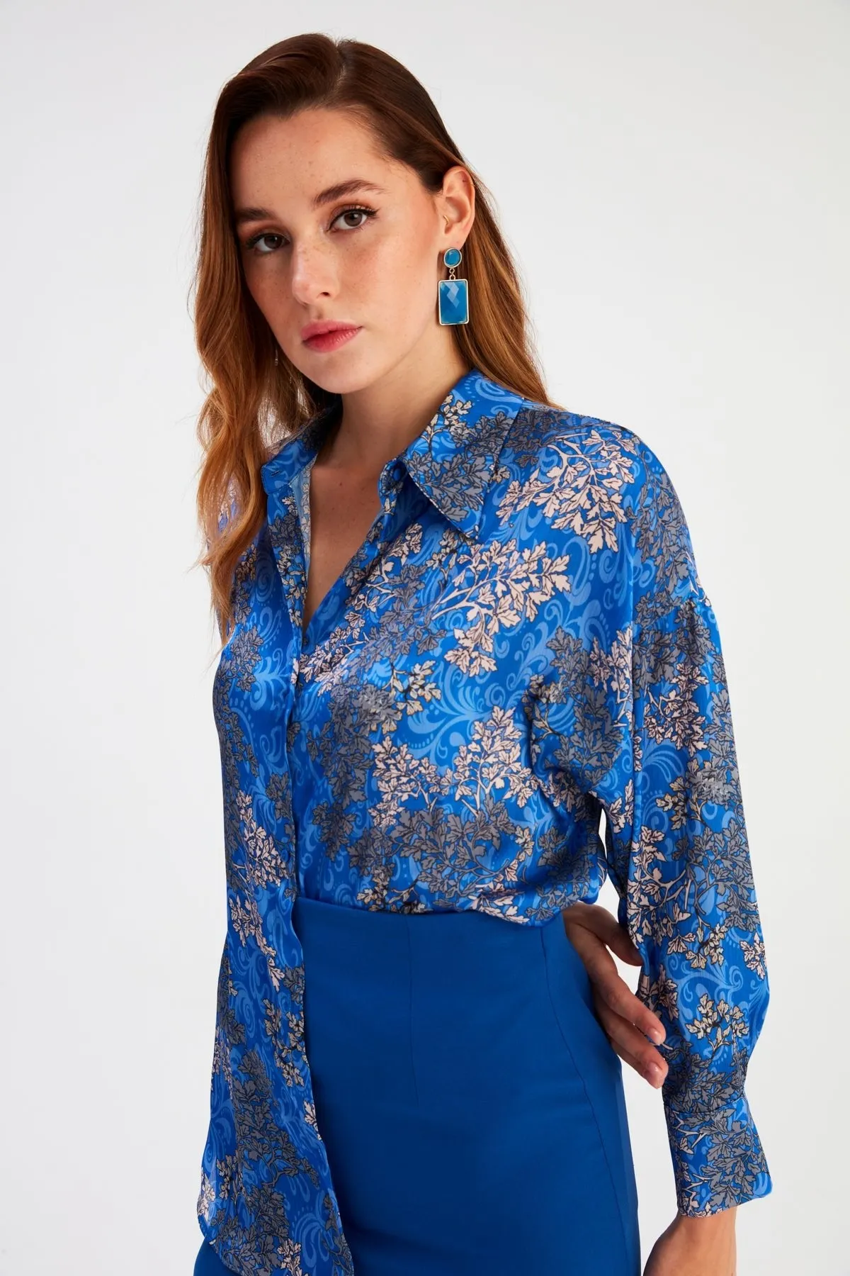 Dolman Sleeve Patterned Shirt - Azure Blue