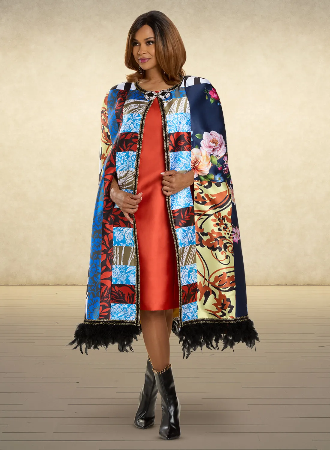 Donna Vinci 12118 2pc  Silk Print Cape Dress