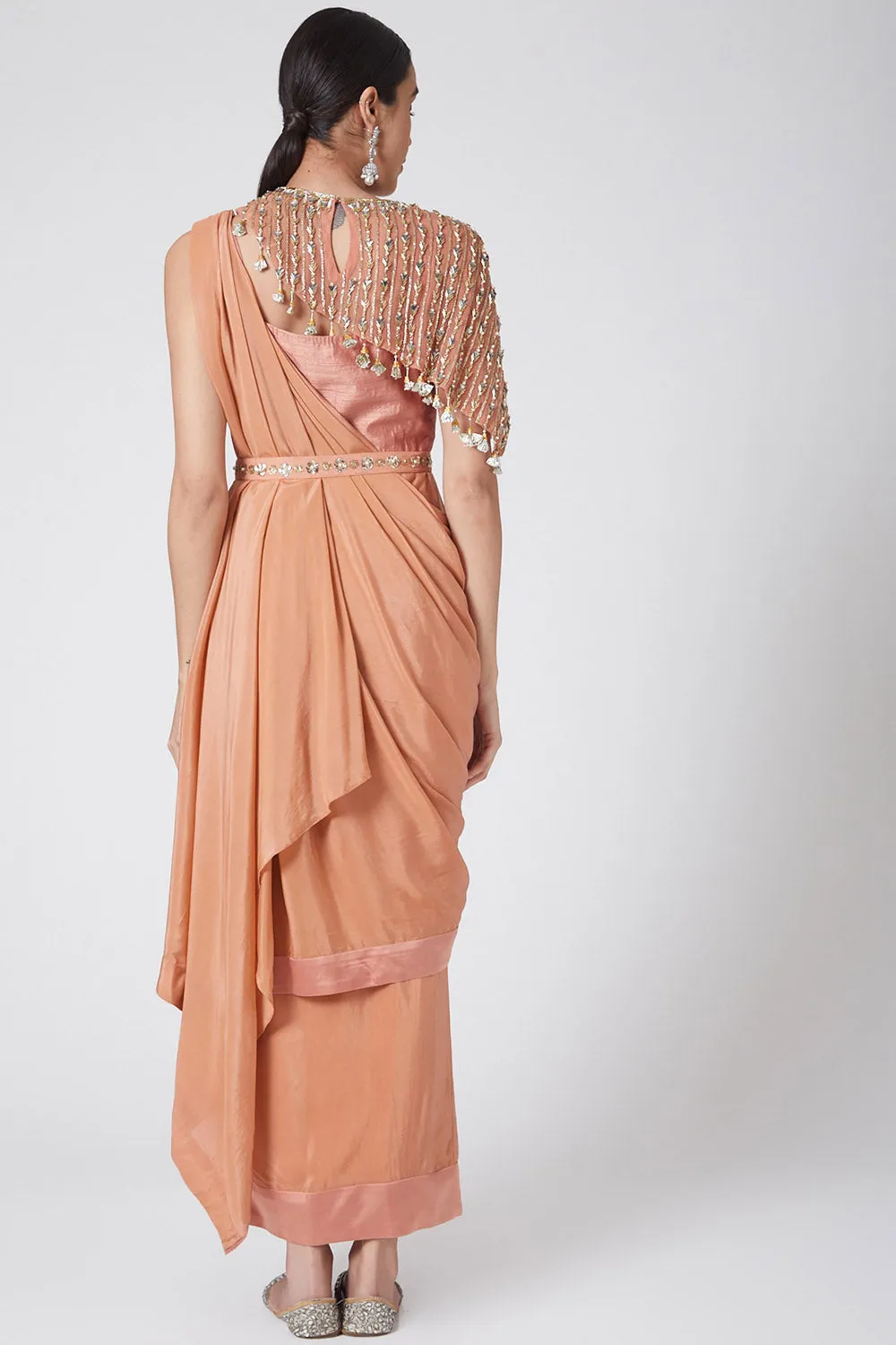 Draped Blush Pink Saree With Embroidered Cape & Belt