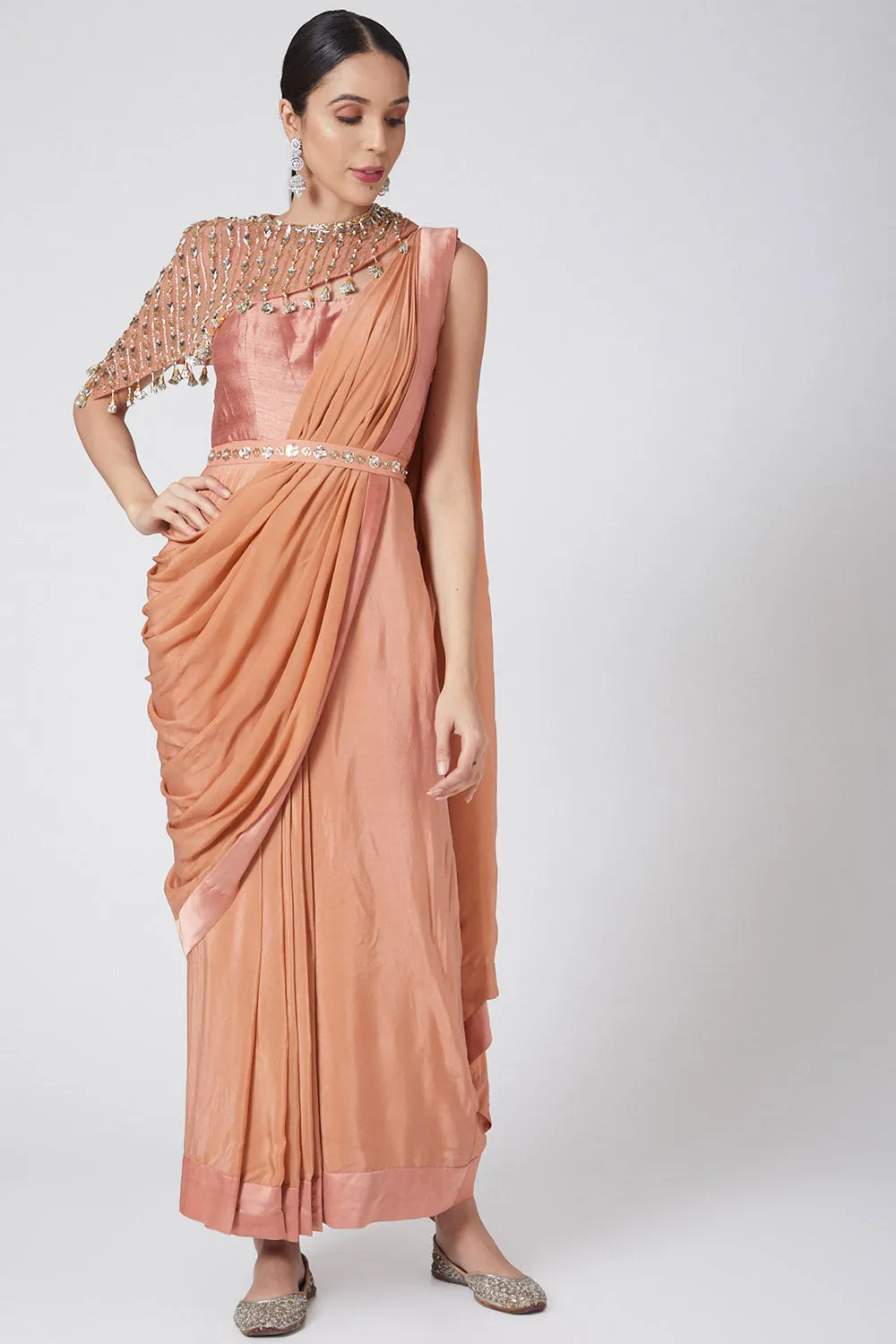 Draped Blush Pink Saree With Embroidered Cape & Belt