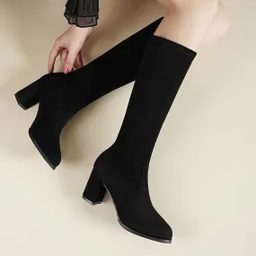 Elegant Stretchy Knee-High Boots, Mid-Heel with Pointed Toe, Solid Color Flannel, Winter Chic Slip-On