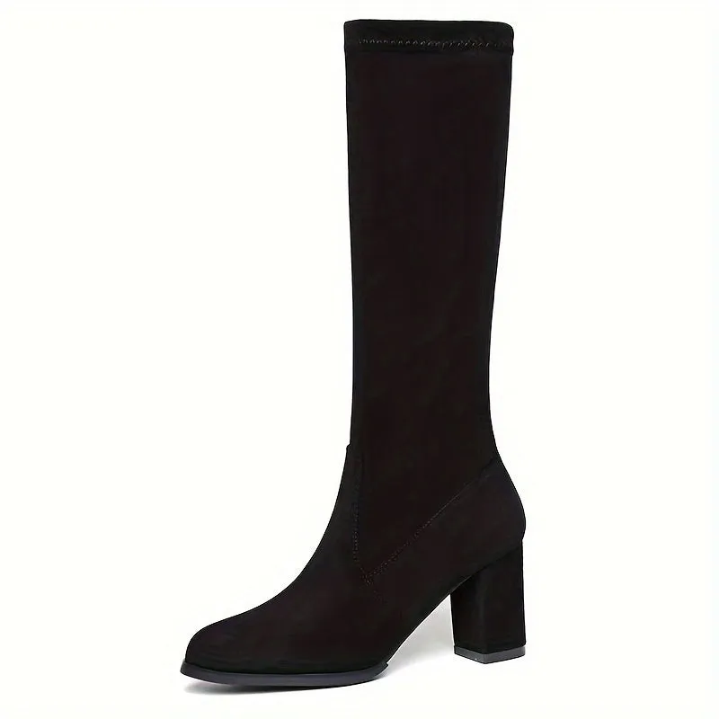 Elegant Stretchy Knee-High Boots, Mid-Heel with Pointed Toe, Solid Color Flannel, Winter Chic Slip-On