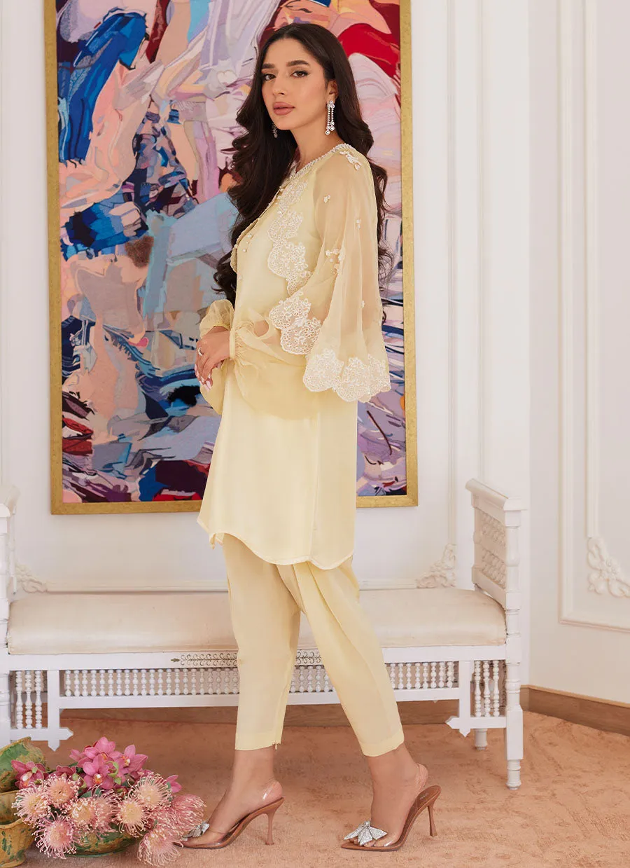 Esmeralda Pastel Yellow Raw Silk Shirt With Attached Cape