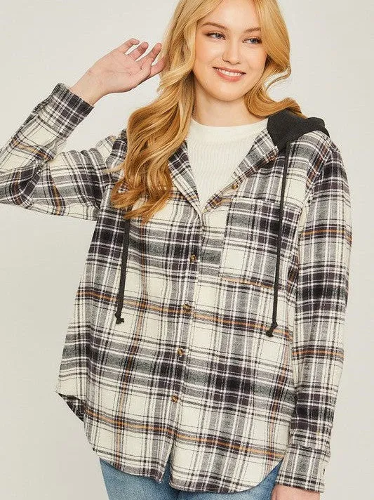 Falling Leaves, Rising Fashion - Plaid Flannel Button Up Shacket with Hood