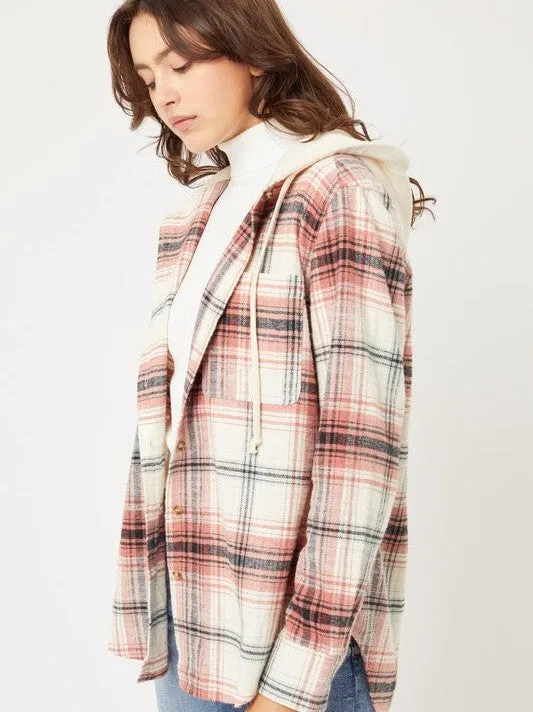 Falling Leaves, Rising Fashion - Plaid Flannel Button Up Shacket with Hood