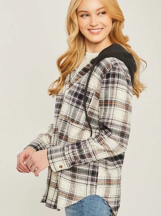 Falling Leaves, Rising Fashion - Plaid Flannel Button Up Shacket with Hood