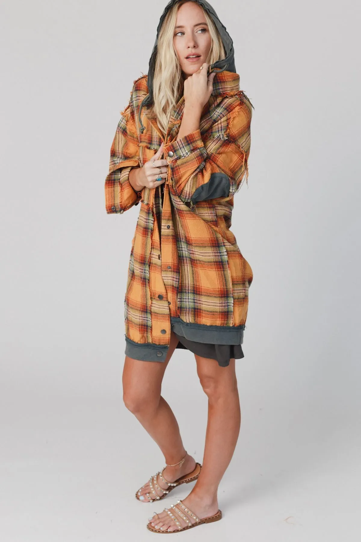 Flannel Layers Hooded Jacket - Orange Multi