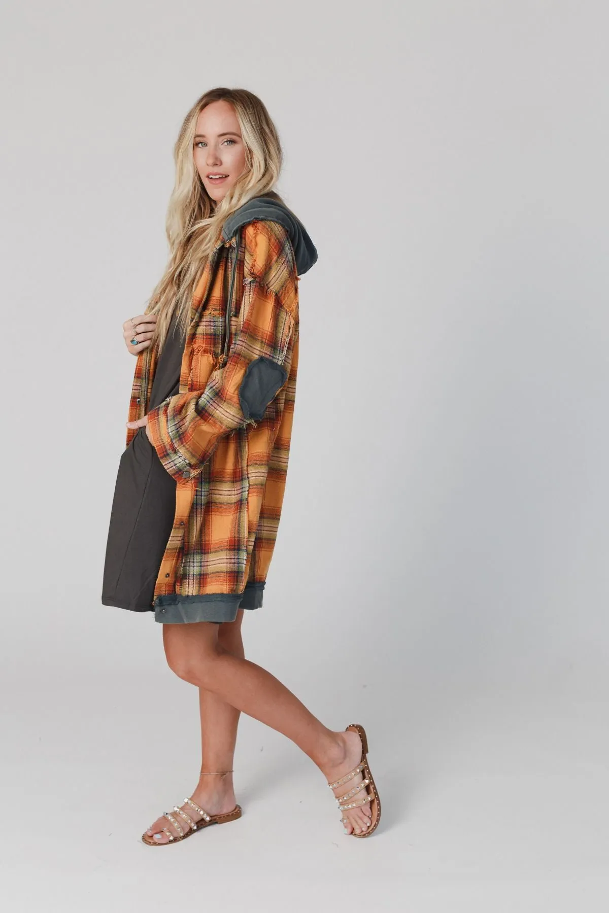 Flannel Layers Hooded Jacket - Orange Multi