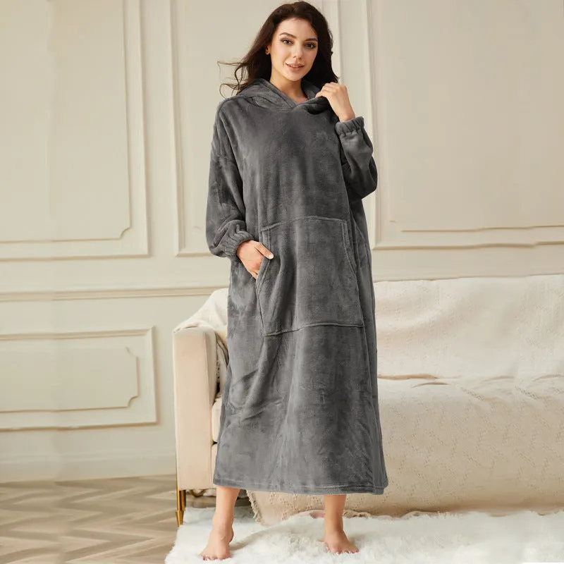 Flannel Warm Soft Ladies Hooded Long Robe Bathrobe with Pocket