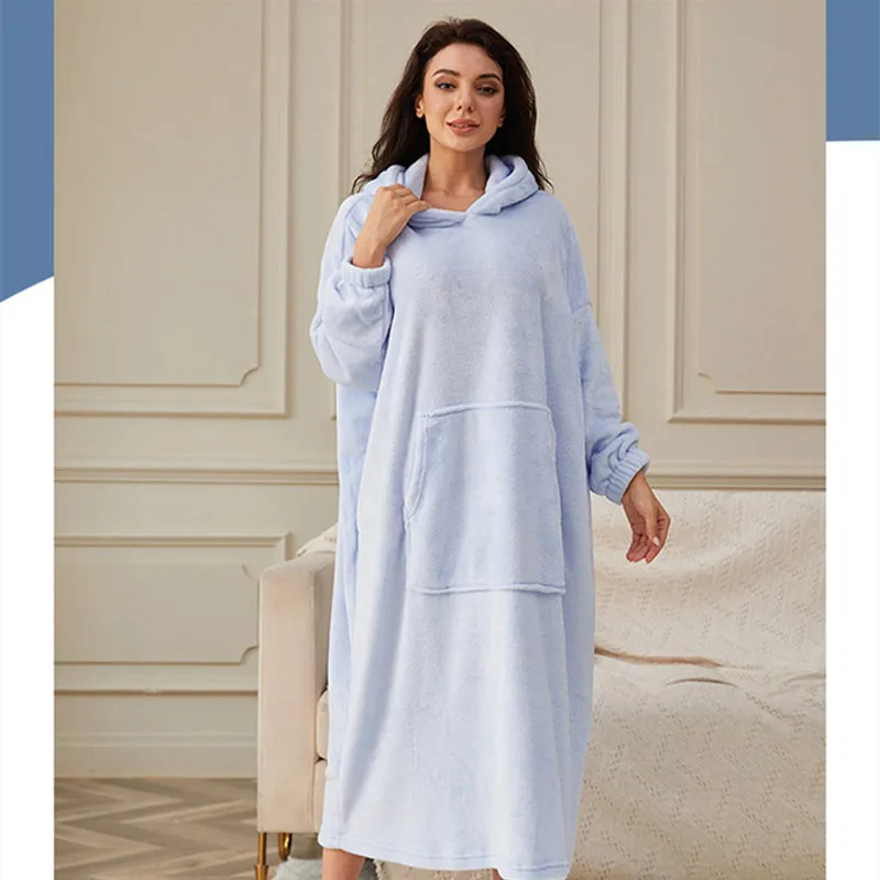 Flannel Warm Soft Ladies Hooded Long Robe Bathrobe with Pocket