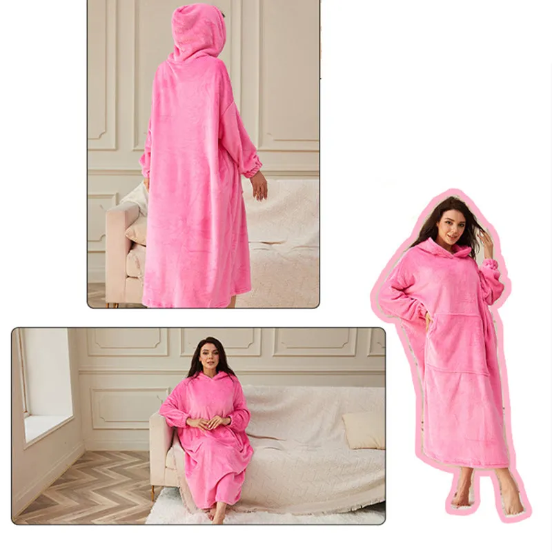 Flannel Warm Soft Ladies Hooded Long Robe Bathrobe with Pocket