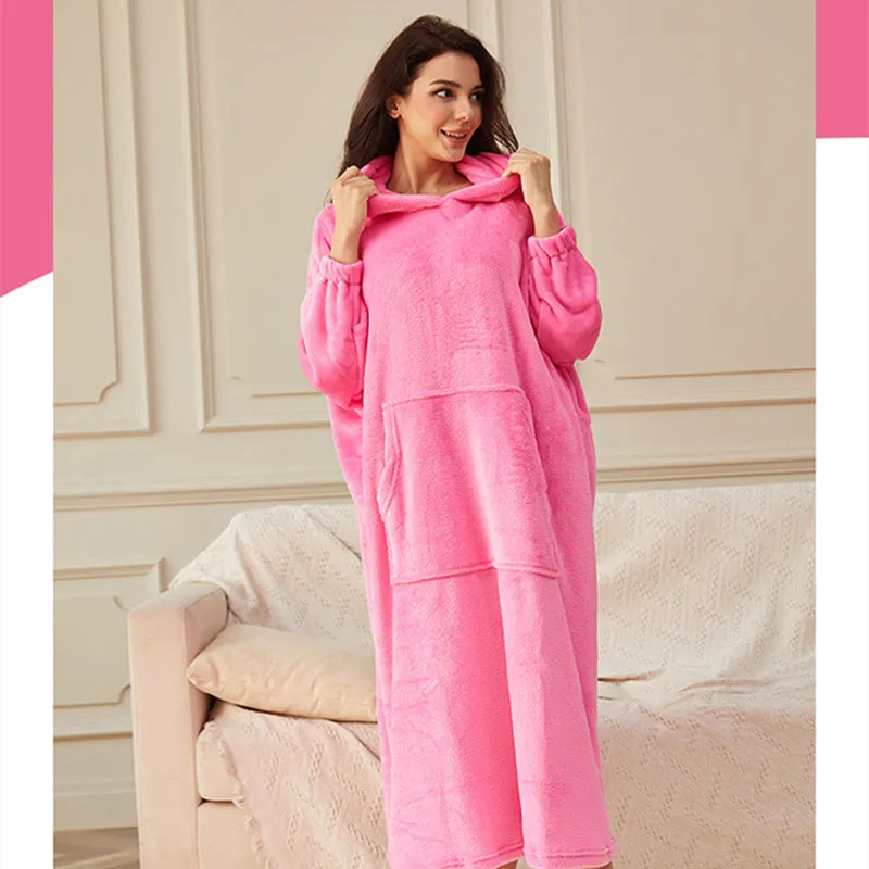 Flannel Warm Soft Ladies Hooded Long Robe Bathrobe with Pocket