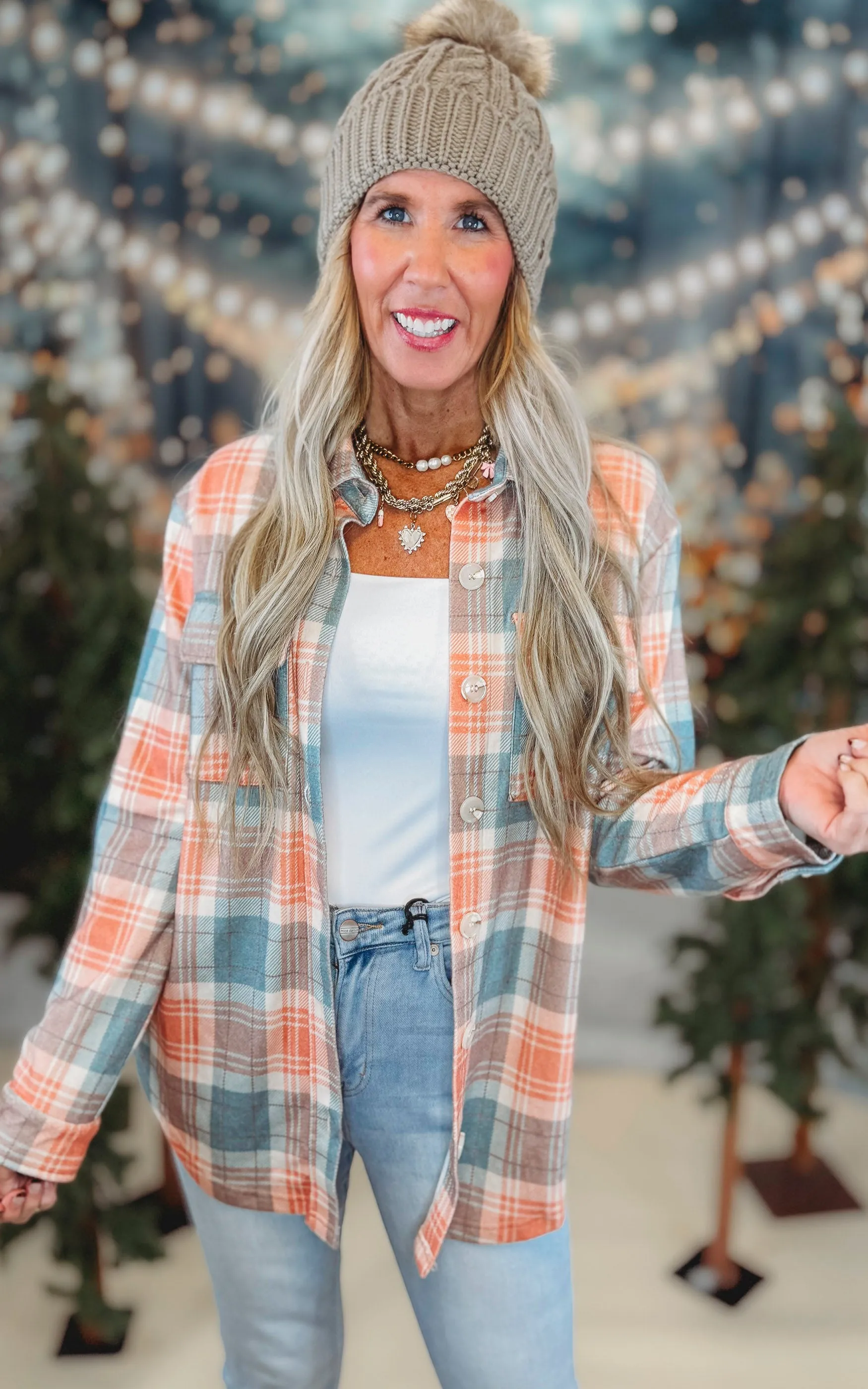 Forever Favorite Plaid Shacket in Orange Green Mocha #4 | Salty Wave  *