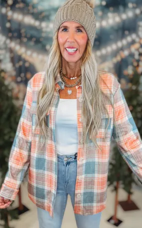 Forever Favorite Plaid Shacket in Orange Green Mocha #4 | Salty Wave  *