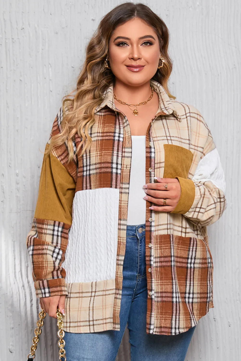 Gold Brick Plus Size Plaid Patchwork Button Up Shacket