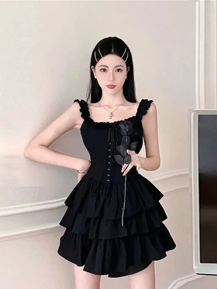 Gothic Lolita Kawaii Slip Dress Soft Girl Goth Harajuku Off Shoulder Backless Sexy Black Ruffles Party Dresses Y2k