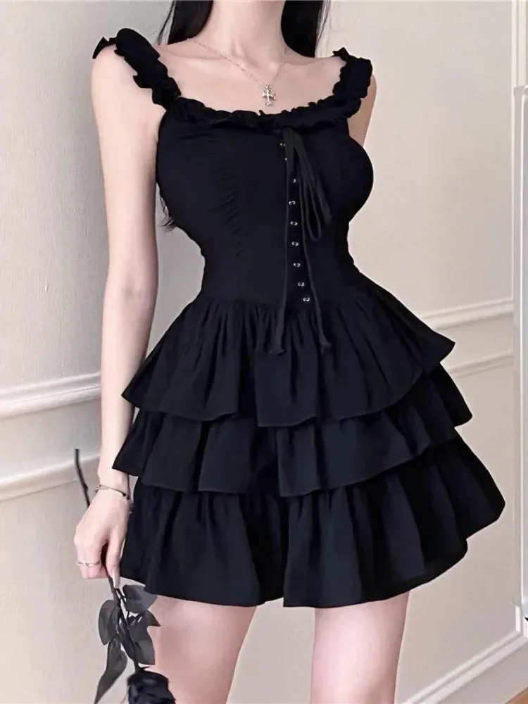 Gothic Lolita Kawaii Slip Dress Soft Girl Goth Harajuku Off Shoulder Backless Sexy Black Ruffles Party Dresses Y2k