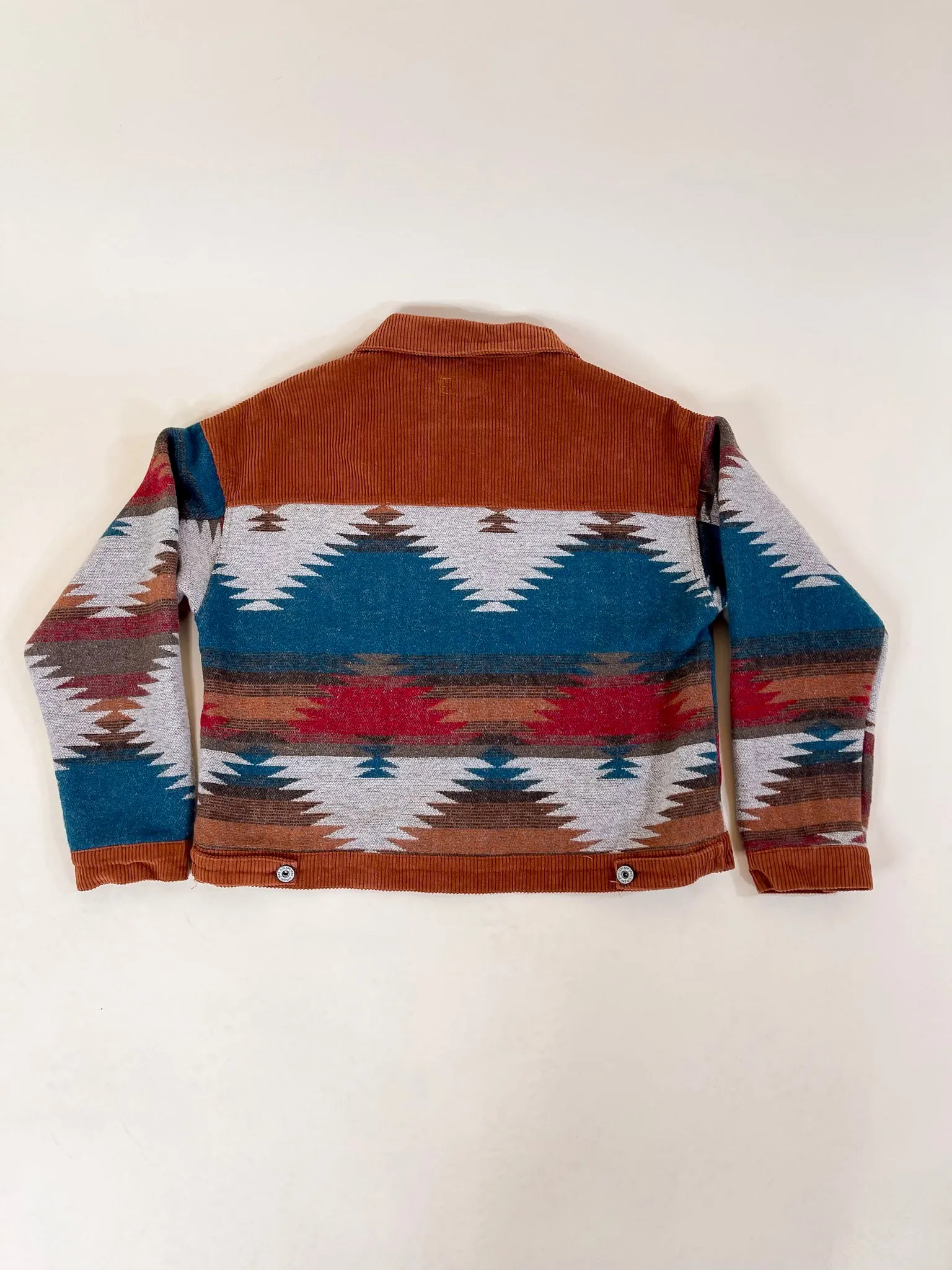 Hard To Forget Aztec Print Button Up Jacket with Corduroy Trim in Rust Orange