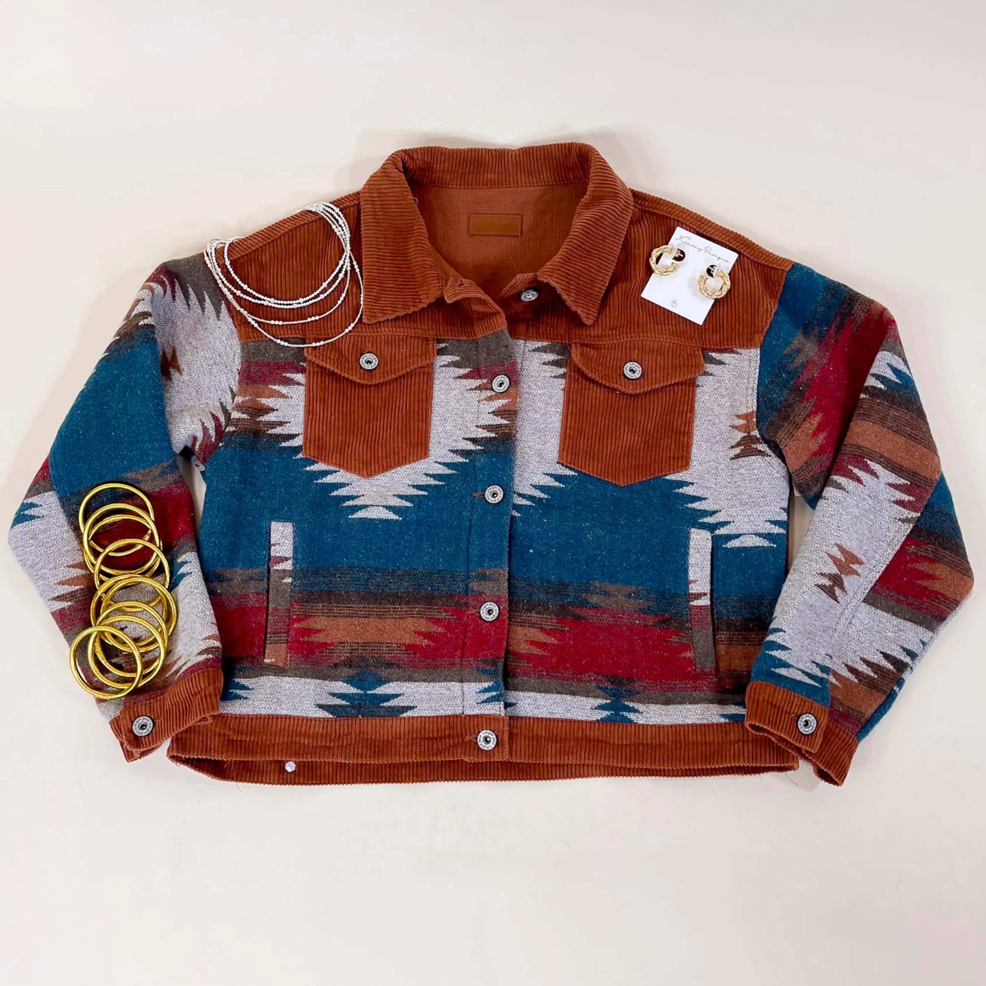 Hard To Forget Aztec Print Button Up Jacket with Corduroy Trim in Rust Orange