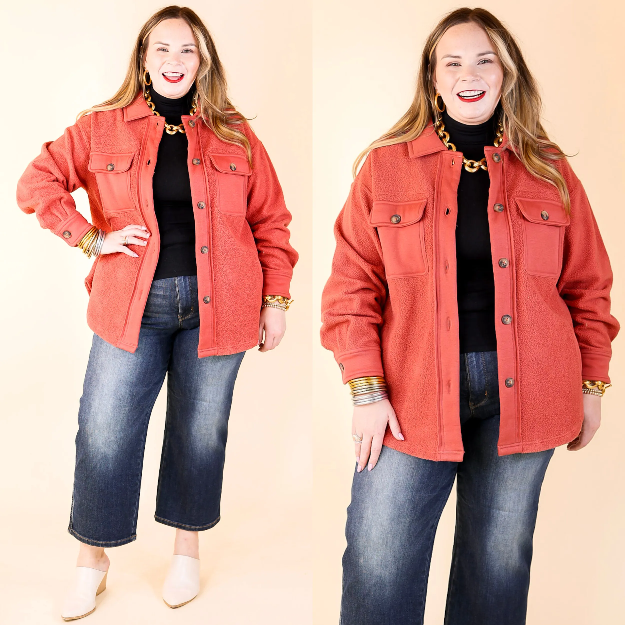 Hollywood Hike Button Up Fleece Jacket with Pockets in Clay Red