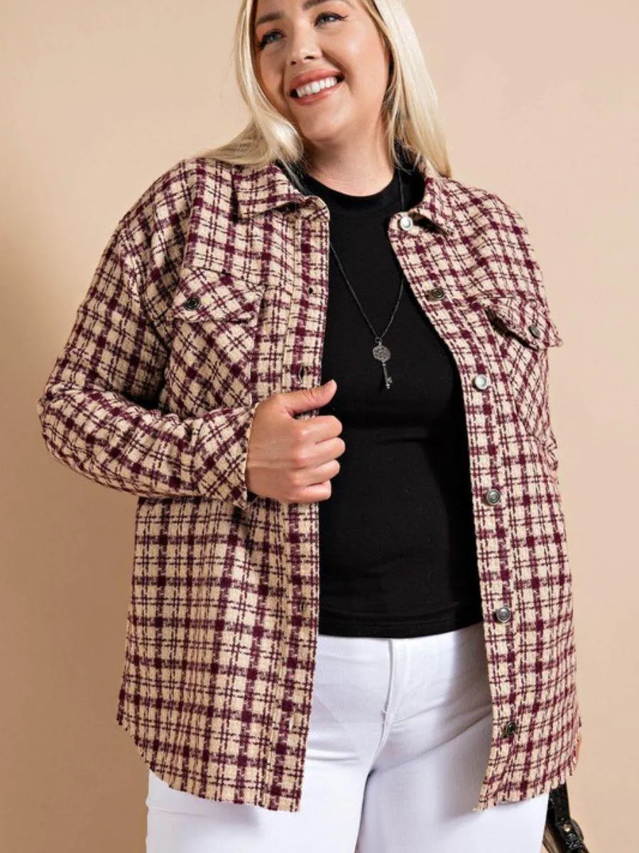 Houndstooth Plaid Shacket in Wine