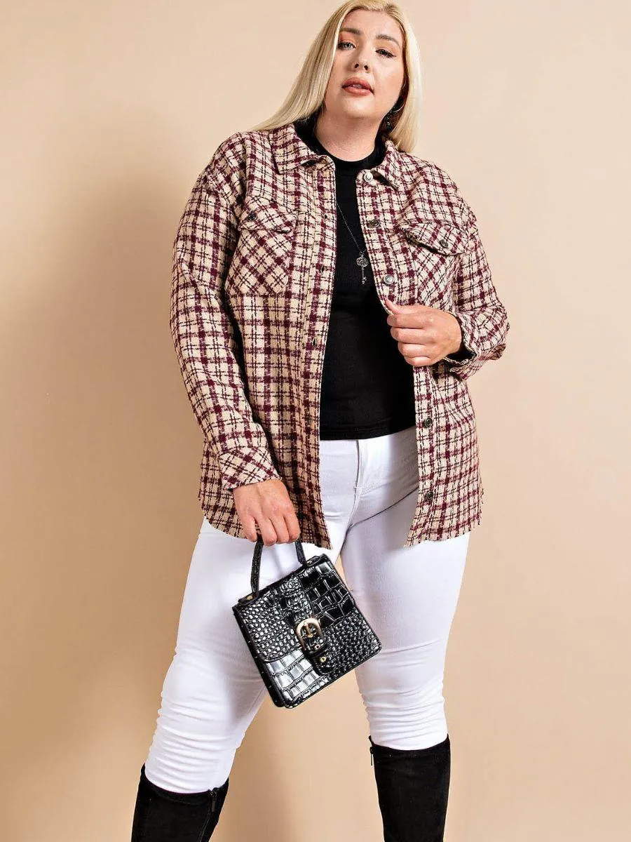 Houndstooth Plaid Shacket in Wine