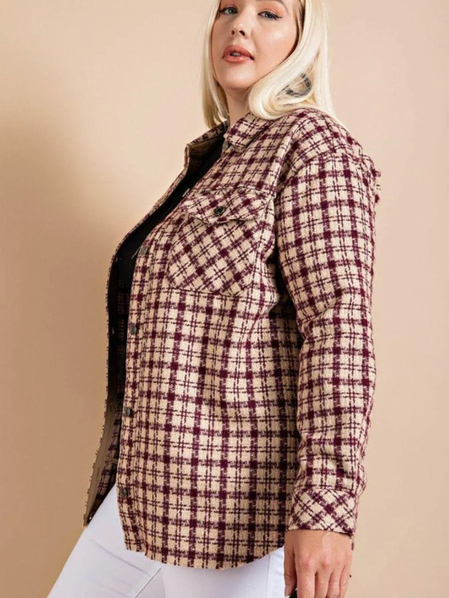 Houndstooth Plaid Shacket in Wine