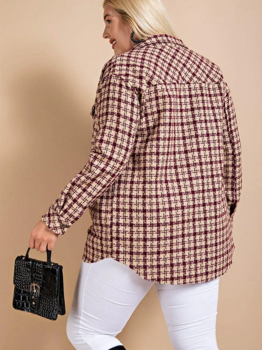 Houndstooth Plaid Shacket in Wine