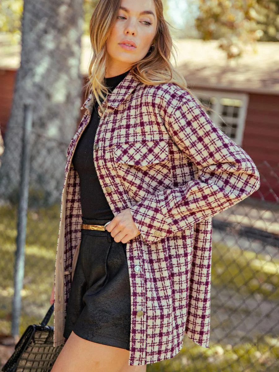 Houndstooth Plaid Shacket in Wine