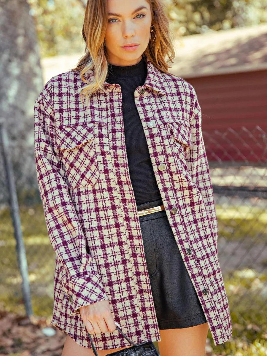 Houndstooth Plaid Shacket in Wine