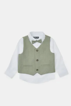 Infant Boys White And Green  Vest Coat And Shirt Set (3 Piece)