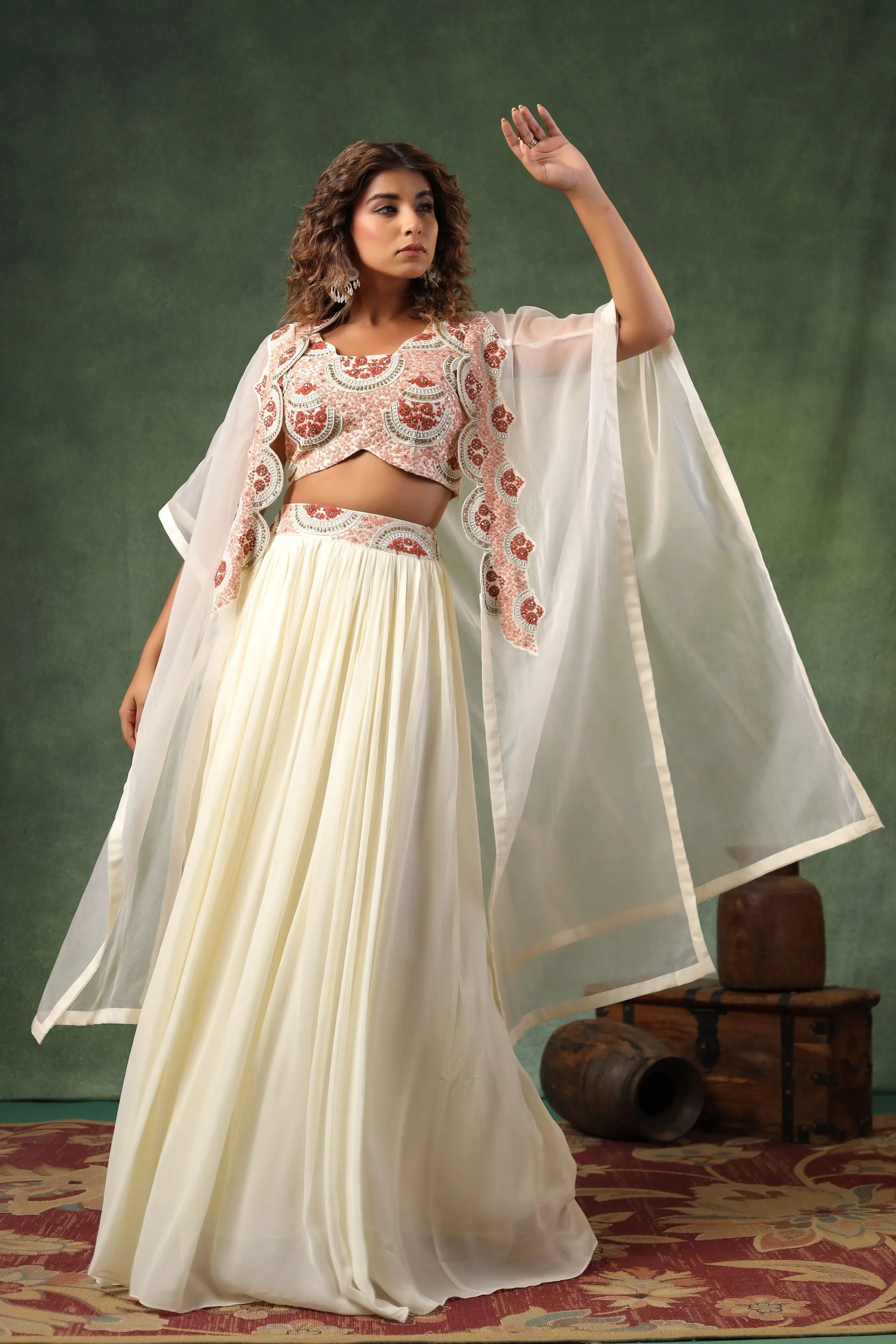 Ivory Chic Embroidered Skirt Set with Cape