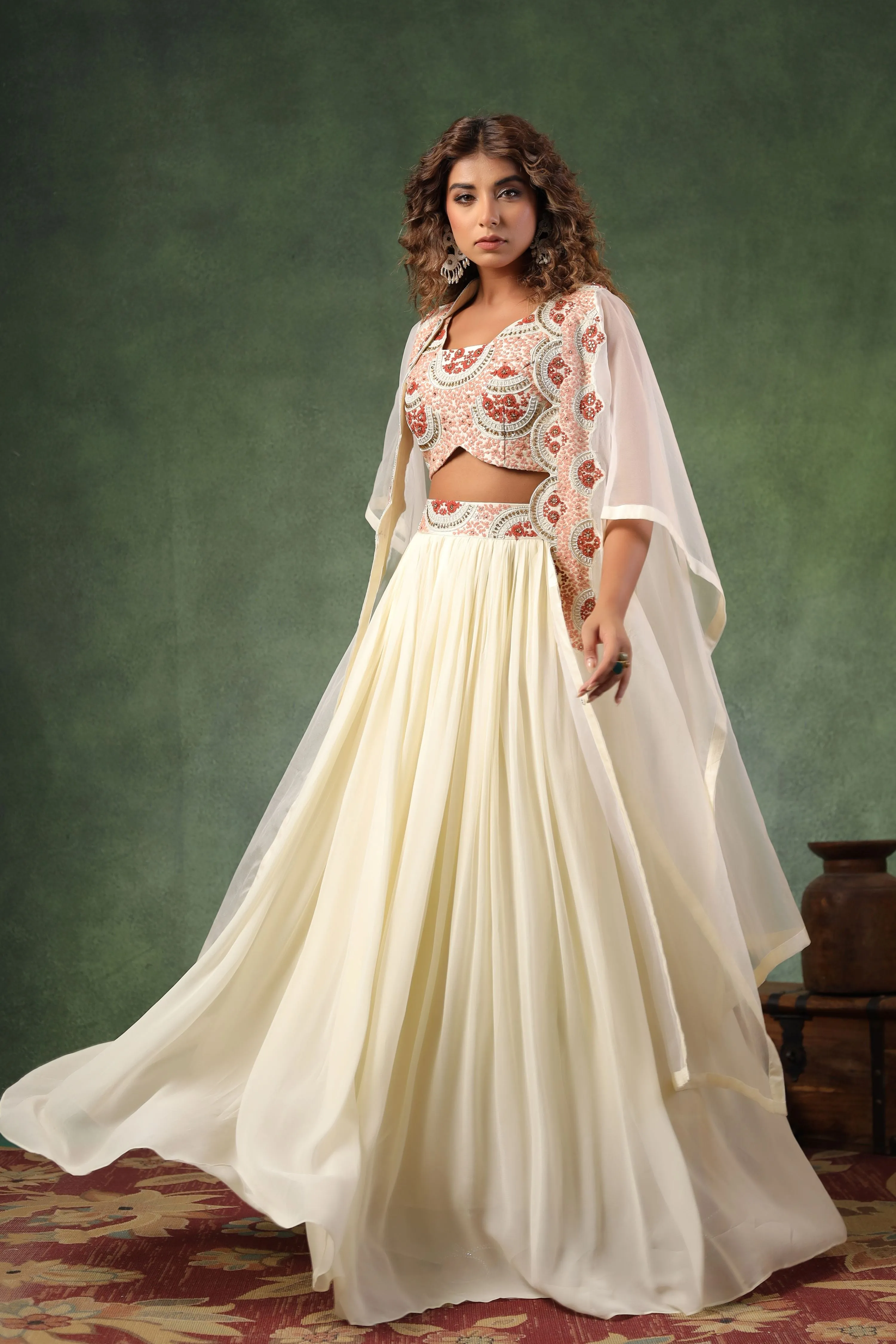 Ivory Chic Embroidered Skirt Set with Cape