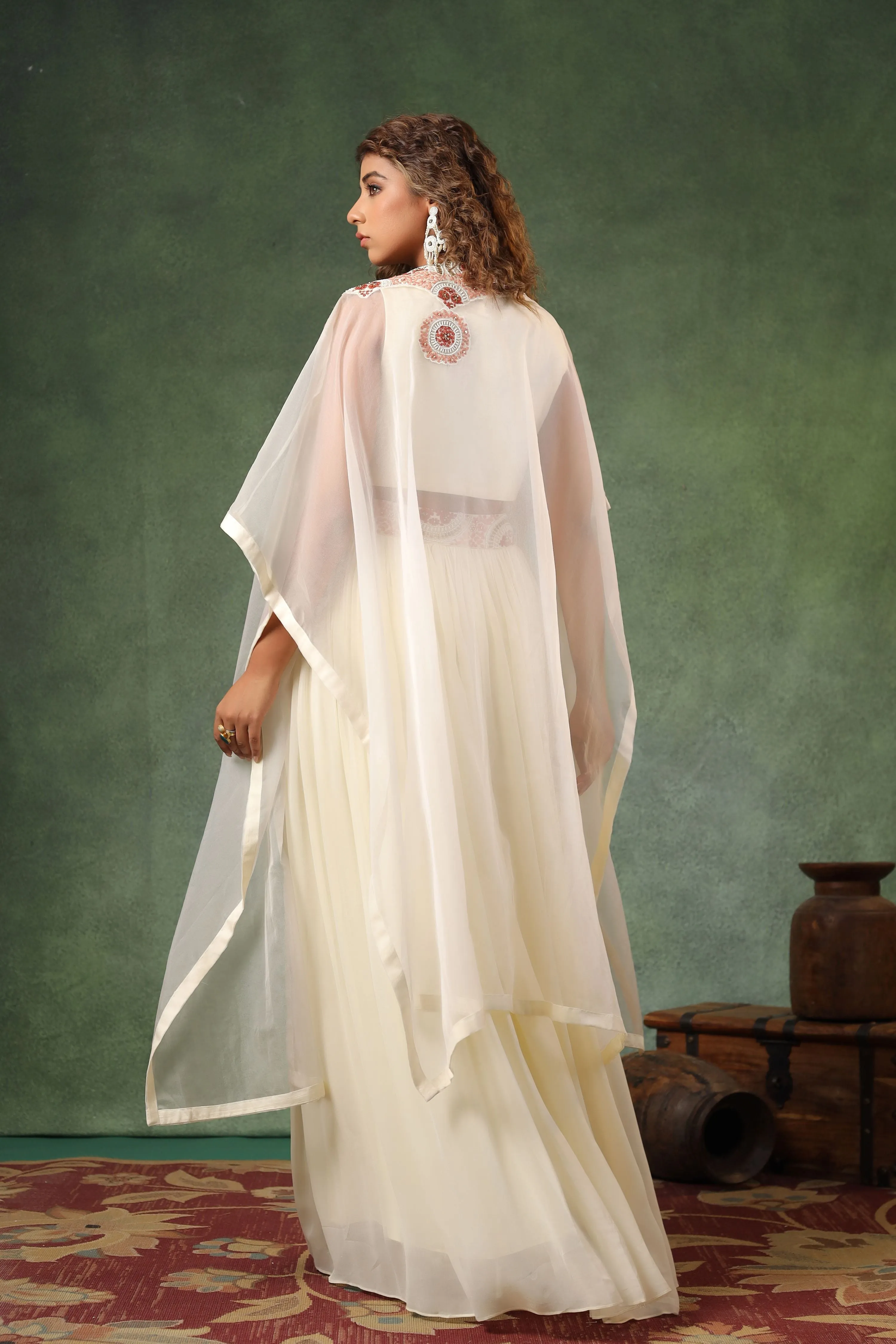 Ivory Chic Embroidered Skirt Set with Cape