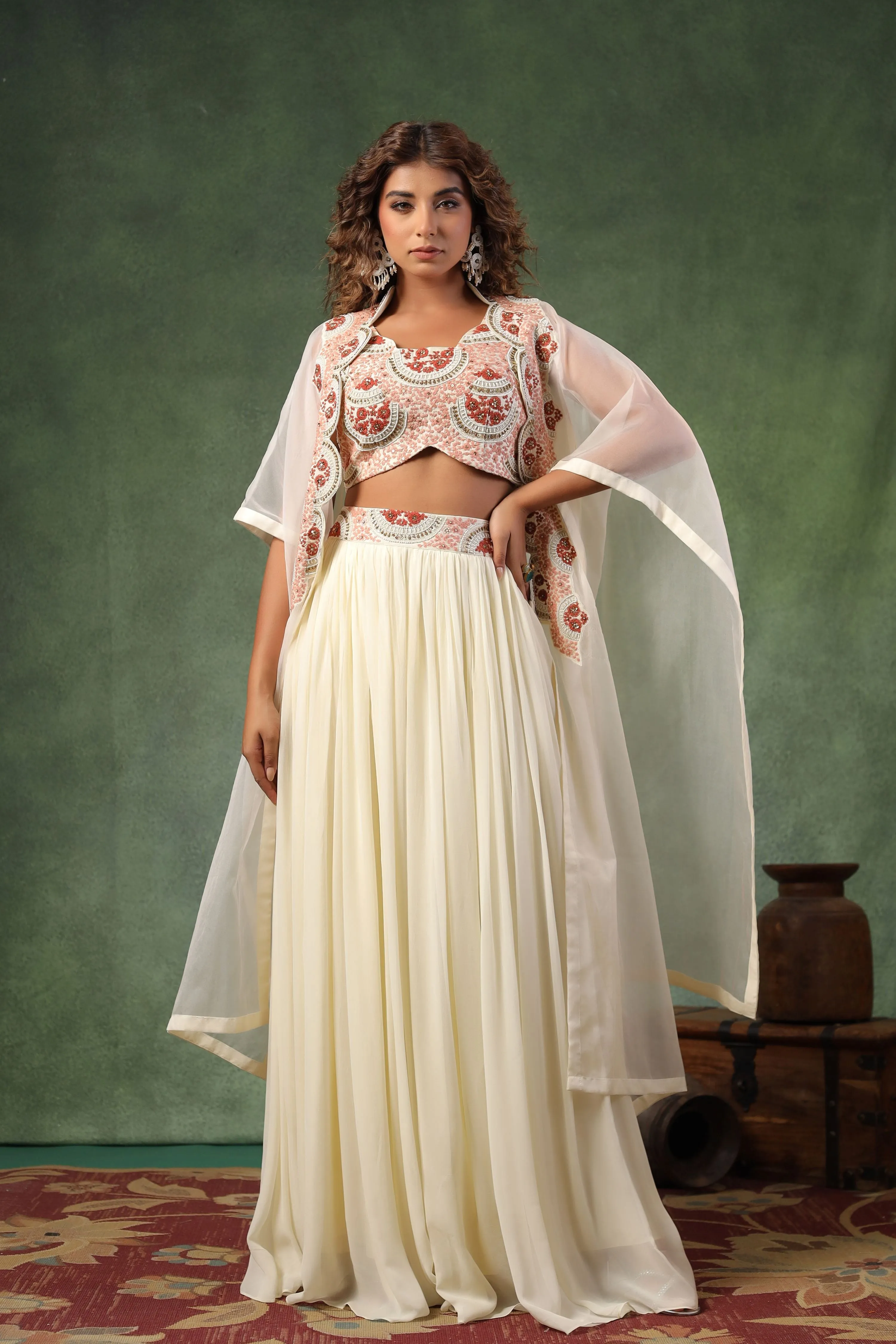 Ivory Chic Embroidered Skirt Set with Cape