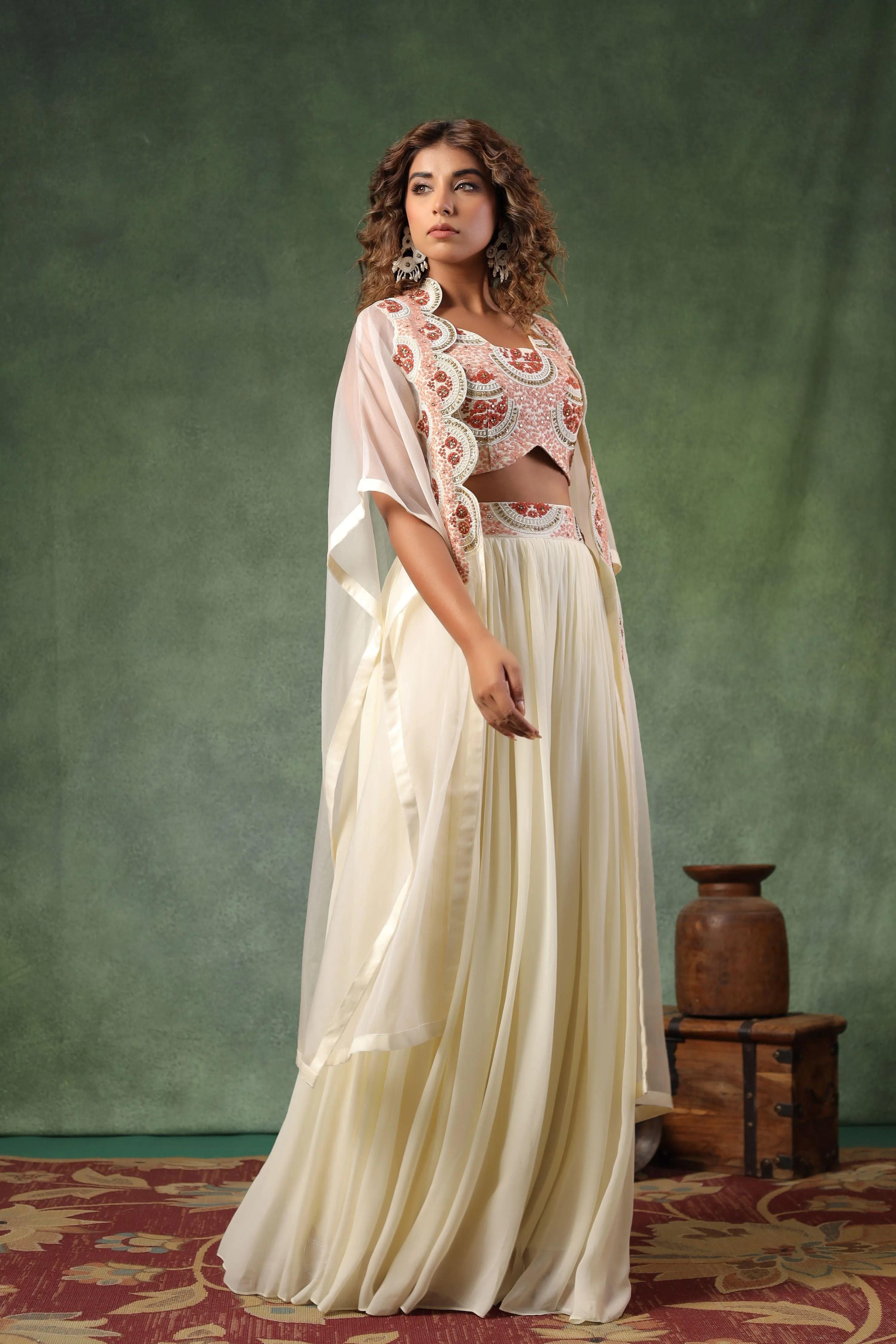 Ivory Chic Embroidered Skirt Set with Cape