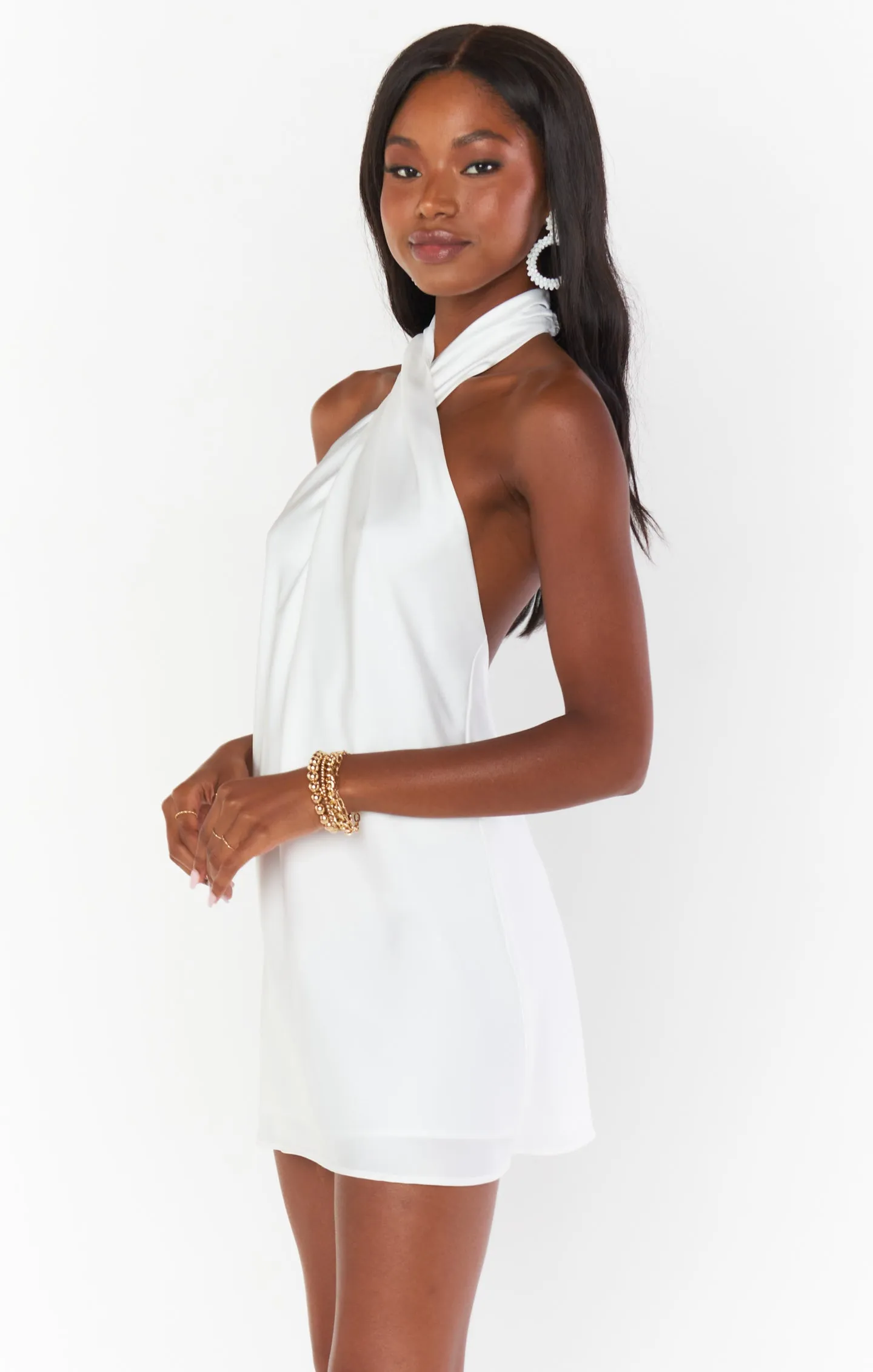 Jasmine Halter Mini Dress ~ Ivory Luxe Satin