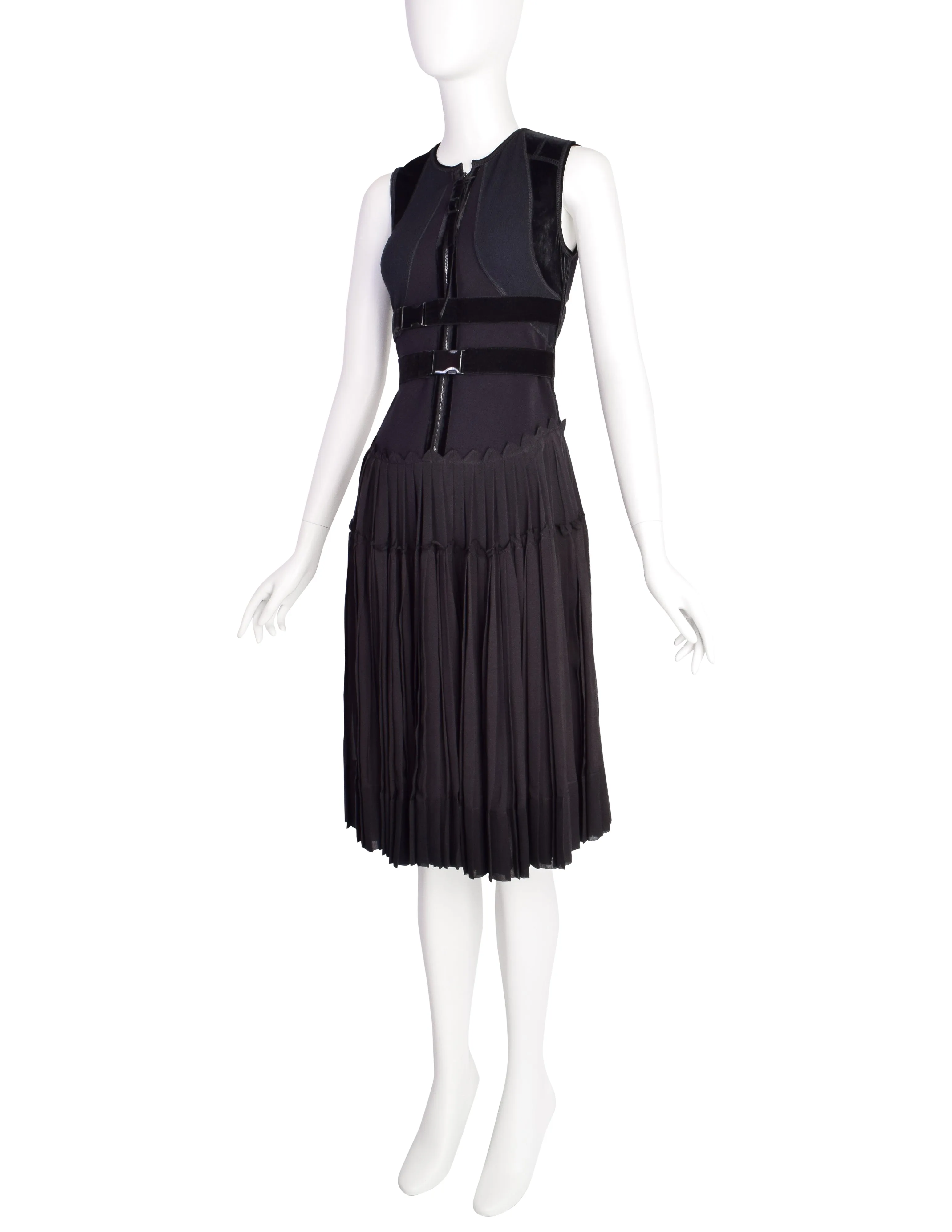 Jean Paul Gaultier Vintage Black Tech Neoprene Velvet Silk Belted Dress