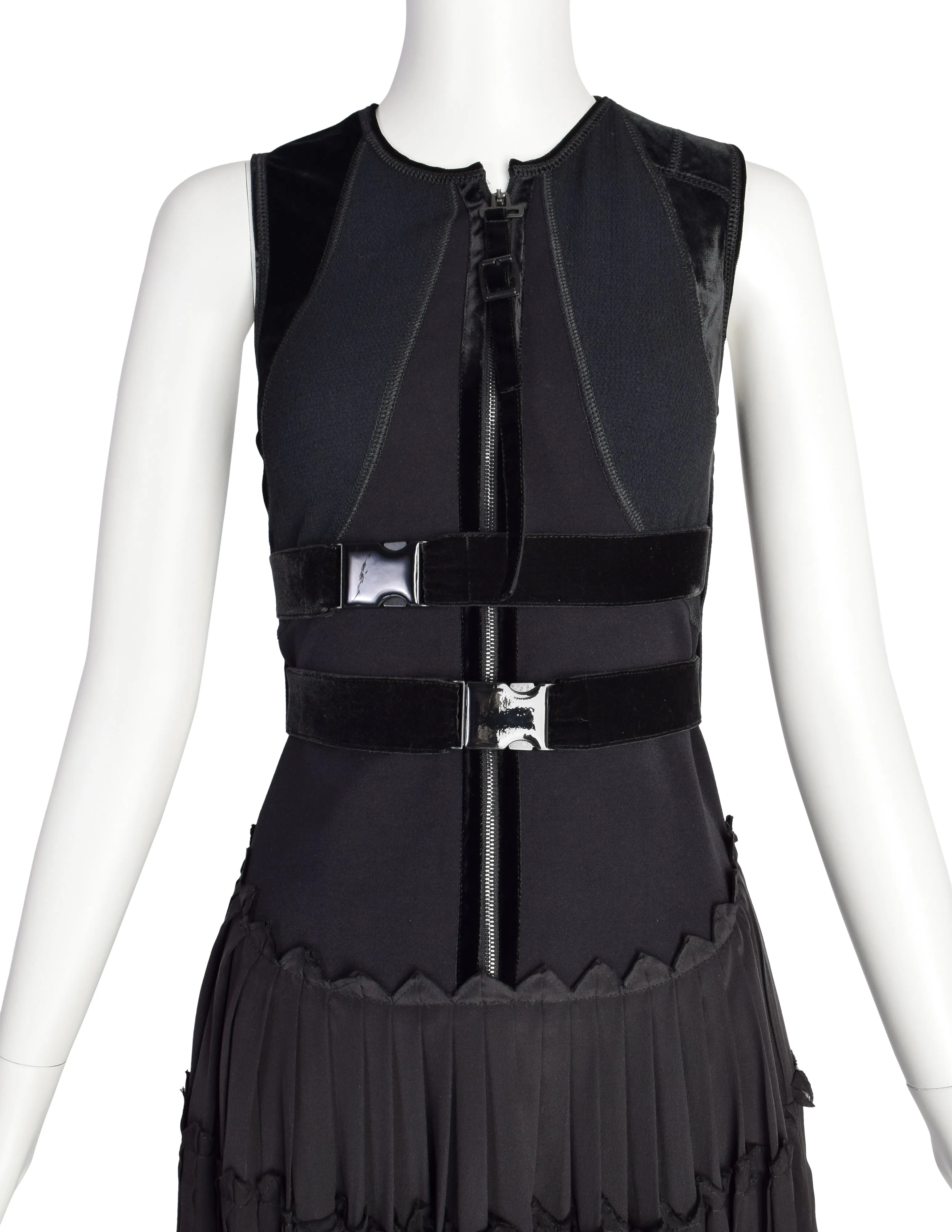 Jean Paul Gaultier Vintage Black Tech Neoprene Velvet Silk Belted Dress