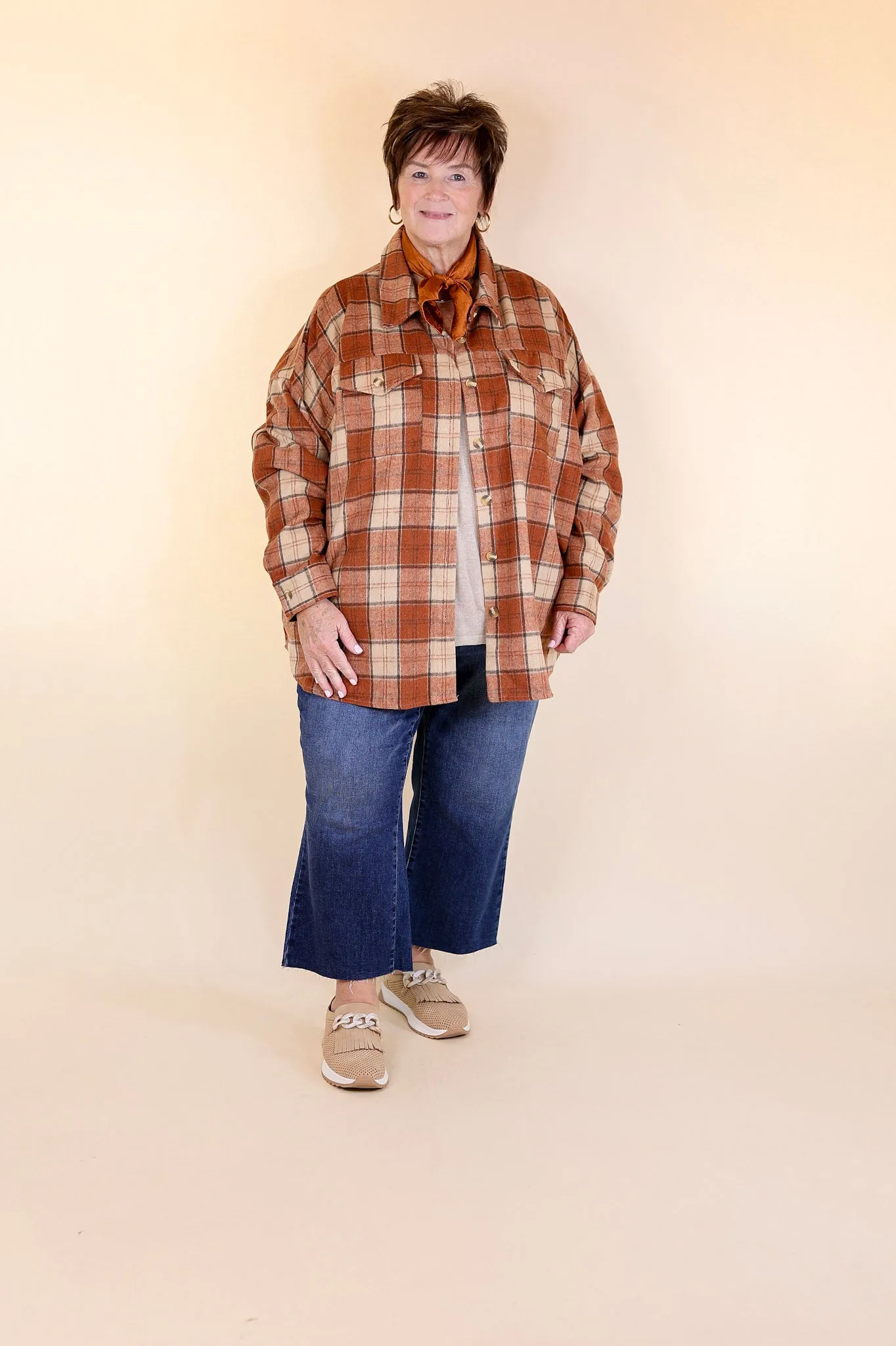 Kindness Everywhere Button Up Plaid Shacket in Burnt Orange