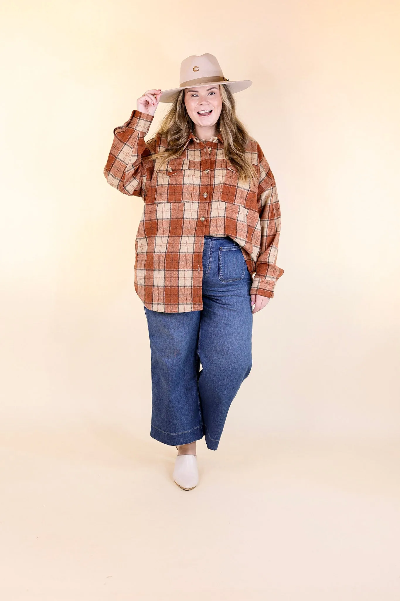 Kindness Everywhere Button Up Plaid Shacket in Burnt Orange