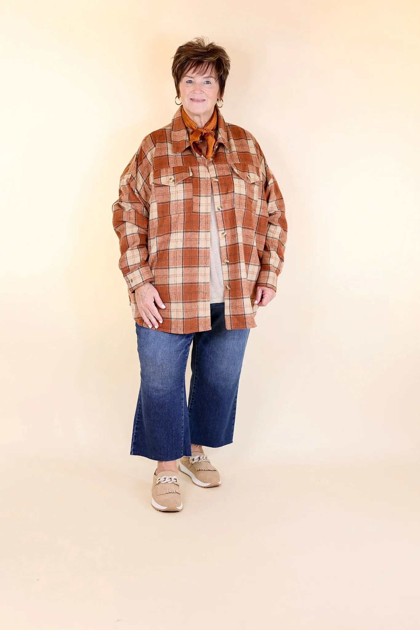 Kindness Everywhere Button Up Plaid Shacket in Burnt Orange