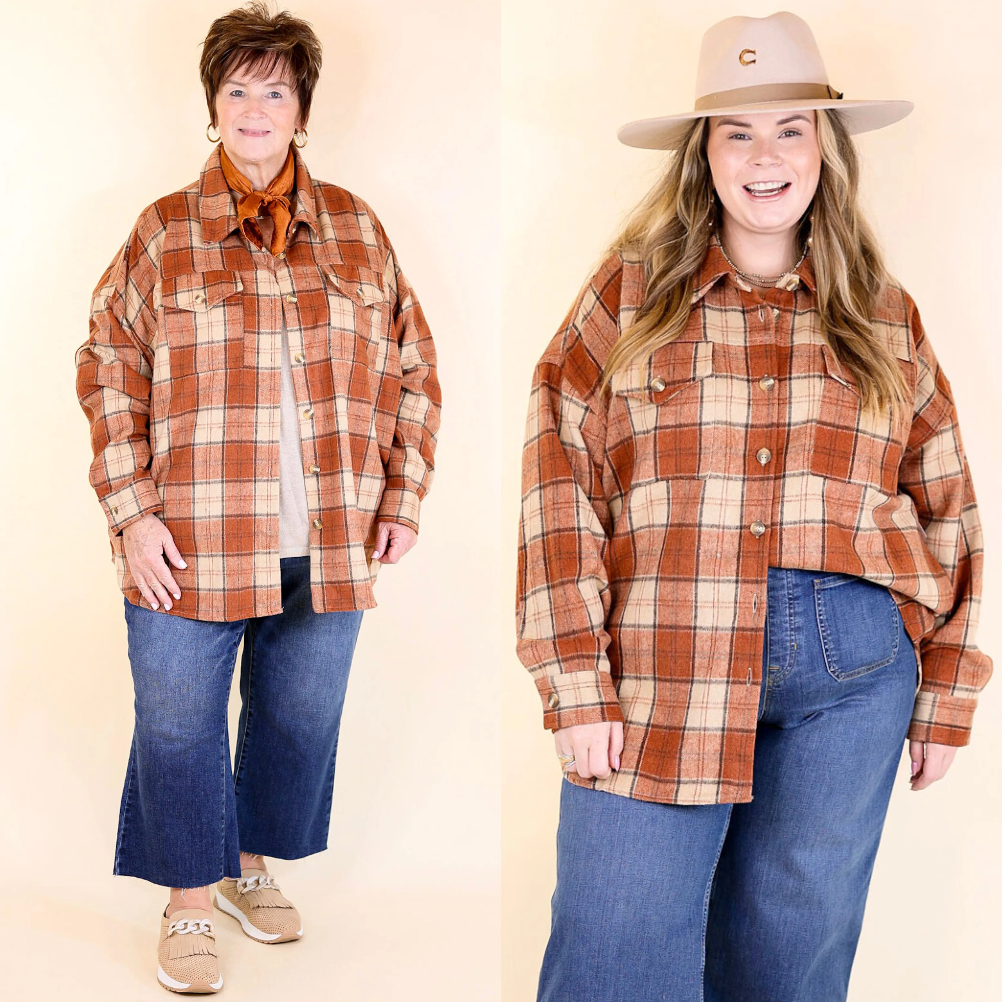 Kindness Everywhere Button Up Plaid Shacket in Burnt Orange