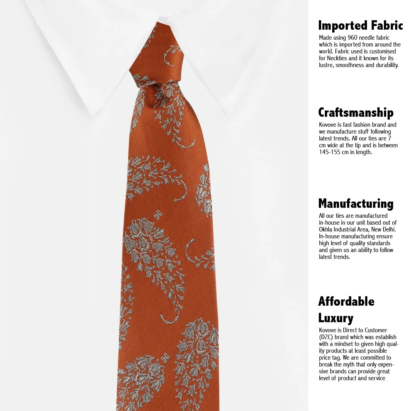 Kovove Beautiful Floral Pattern Orange Necktie for Men