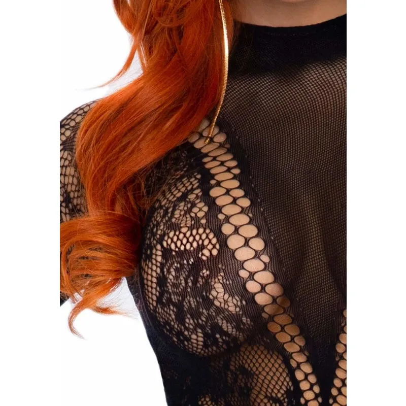 Lace and Fishnet Bodysuit - One Size - Black