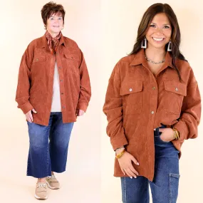 Latte Sips Button Up Corduroy Shacket in Rust