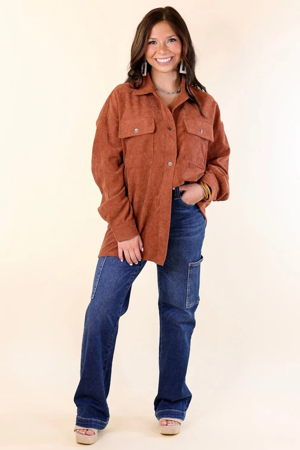 Latte Sips Button Up Corduroy Shacket in Rust